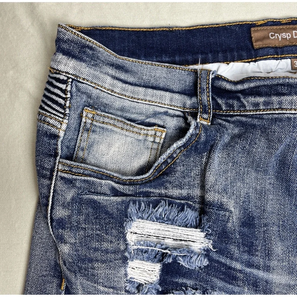 Crysp Denim Mens Mid-Rise Distressed Moto Biker Skinny Stretch‎ Jeans 36x32